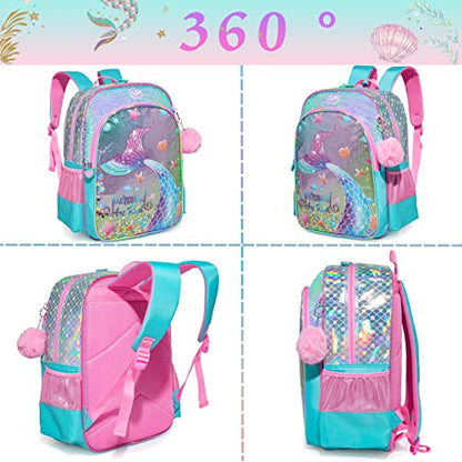 Conjunto Escolar Sereia com Lantejoulas, 3 peças, com lancheira e porta lápis, grande capacidade, mochila 42cm