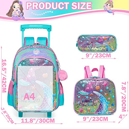 Conjunto Trolley Escolar Sereia Colorido, Mochila Grande + Lancheira + Porta lápis , para meninas 6 a 12 anos