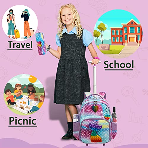 Conjunto Trolley Escolar Sereia 4 peças: Mochila + Lancheira + Porta Lápis + Pop It - tamanho grande