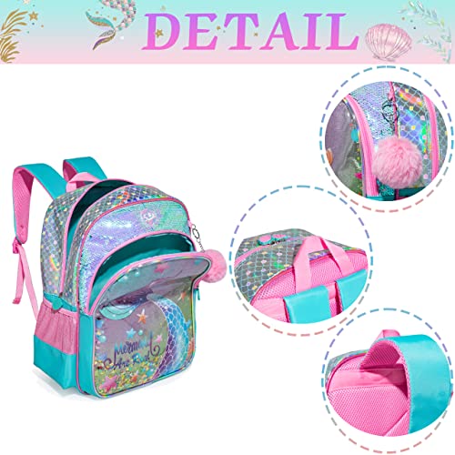 Conjunto Escolar Sereia com Lantejoulas, 3 peças, com lancheira e porta lápis, grande capacidade, mochila 42cm