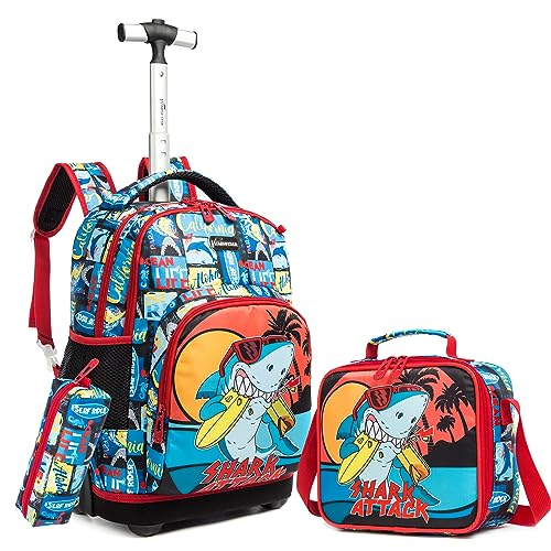 Conjunto Trolley Escolar Tubarão, Mochila Grande + Estojo + Lancheira Termica, Conjunto Shark, escolar a partir da primaria