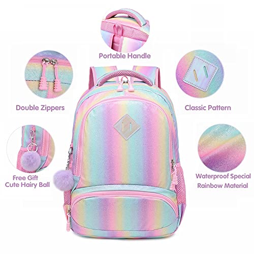 Conjunto Escolar Arco-íris  4 peças - Mochila + Lancheira + Porta Lápis + Porta Chaves PomPom : tamanho grande, sem trolley