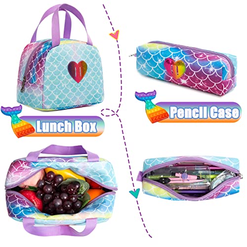 Conjunto Trolley Escolar Sereia 4 peças: Mochila + Lancheira + Porta Lápis + Pop It - tamanho grande