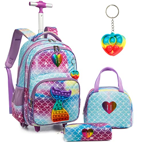 Conjunto Trolley Escolar Sereia 4 peças: Mochila + Lancheira + Porta Lápis + Pop It - tamanho grande