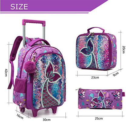 Conjunto Trolley Escolar Sereia Roxo, Mochila Grande + Lancheira + Porta lápis , para crianças de 6 a 12 anos