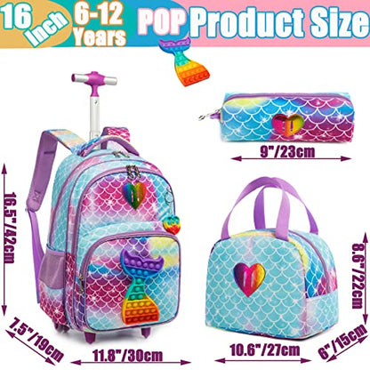 Conjunto Trolley Escolar Sereia 4 peças: Mochila + Lancheira + Porta Lápis + Pop It - tamanho grande