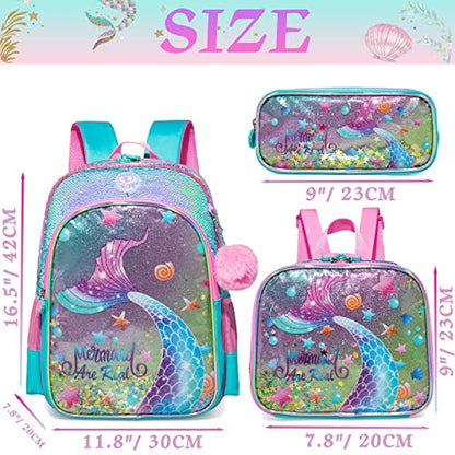 Conjunto Escolar Sereia com Lantejoulas, 3 peças, com lancheira e porta lápis, grande capacidade, mochila 42cm