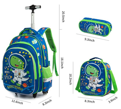 Pack Trolley Escolar Dinossauro 3 peças: Mochila + Lancheira + Porta Lápis: tamanho grande