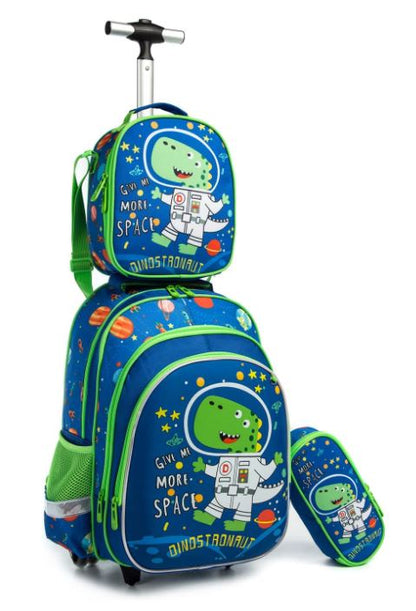 Pack Trolley Escolar Dinossauro 3 peças: Mochila + Lancheira + Porta Lápis: tamanho grande