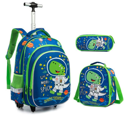 Pack Trolley Escolar Dinossauro 3 peças: Mochila + Lancheira + Porta Lápis: tamanho grande