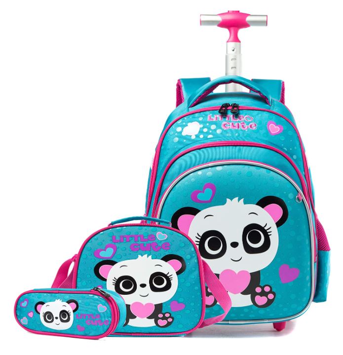 Pack Trolley Escolar Panda Azul 3 peças: Mochila + Lancheira + Porta Lápis: tamanho grande