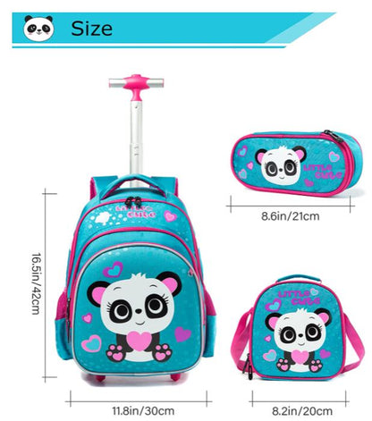 Pack Trolley Escolar Panda Azul 3 peças: Mochila + Lancheira + Porta Lápis: tamanho grande