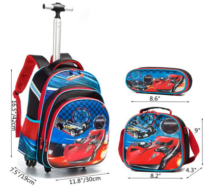 Pack Trolley Escolar Carros 3 peças, Mochila + Lancheira + Porta Lápis: tamanho grande