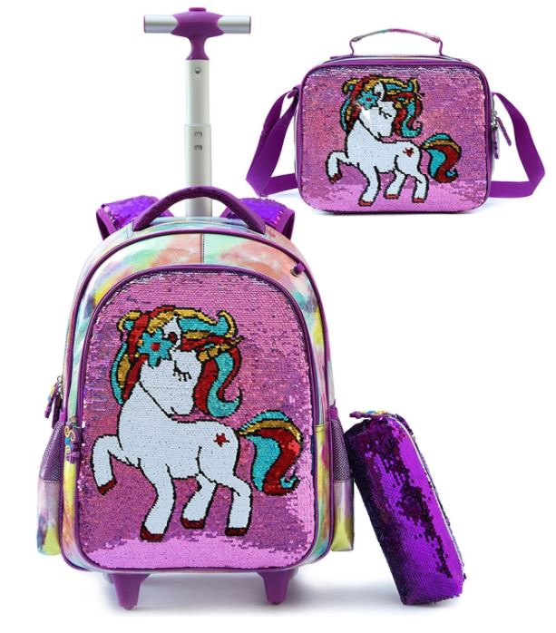 Pack Trolley Escolar Unicórnio Lantejoulas 3 peças: Mochila + Lancheira + Porta Lápis: tamanho grande