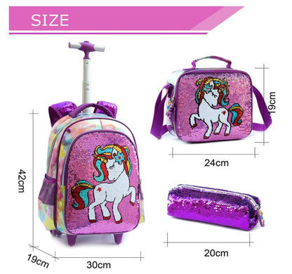 Pack Trolley Escolar Unicórnio Lantejoulas 3 peças: Mochila + Lancheira + Porta Lápis: tamanho grande