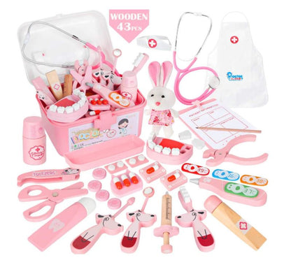 kit medico de madeira 43 peças cor rosa