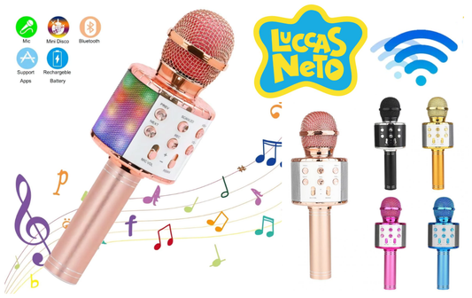 Luccas Neto Microfone Karaoke sem fios, Bluetooth, portátil, com luzes led e gravador