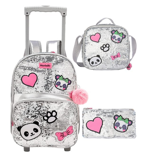 Pack Trolley Escolar Panda Lantejoulas 3 peças, Mochila + Lancheira + Porta Lápis: tamanho grande com lantejoulas