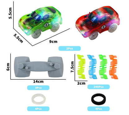 Pista Circuito carros com luz led 240 peças com 2 carros, brilha no escuro